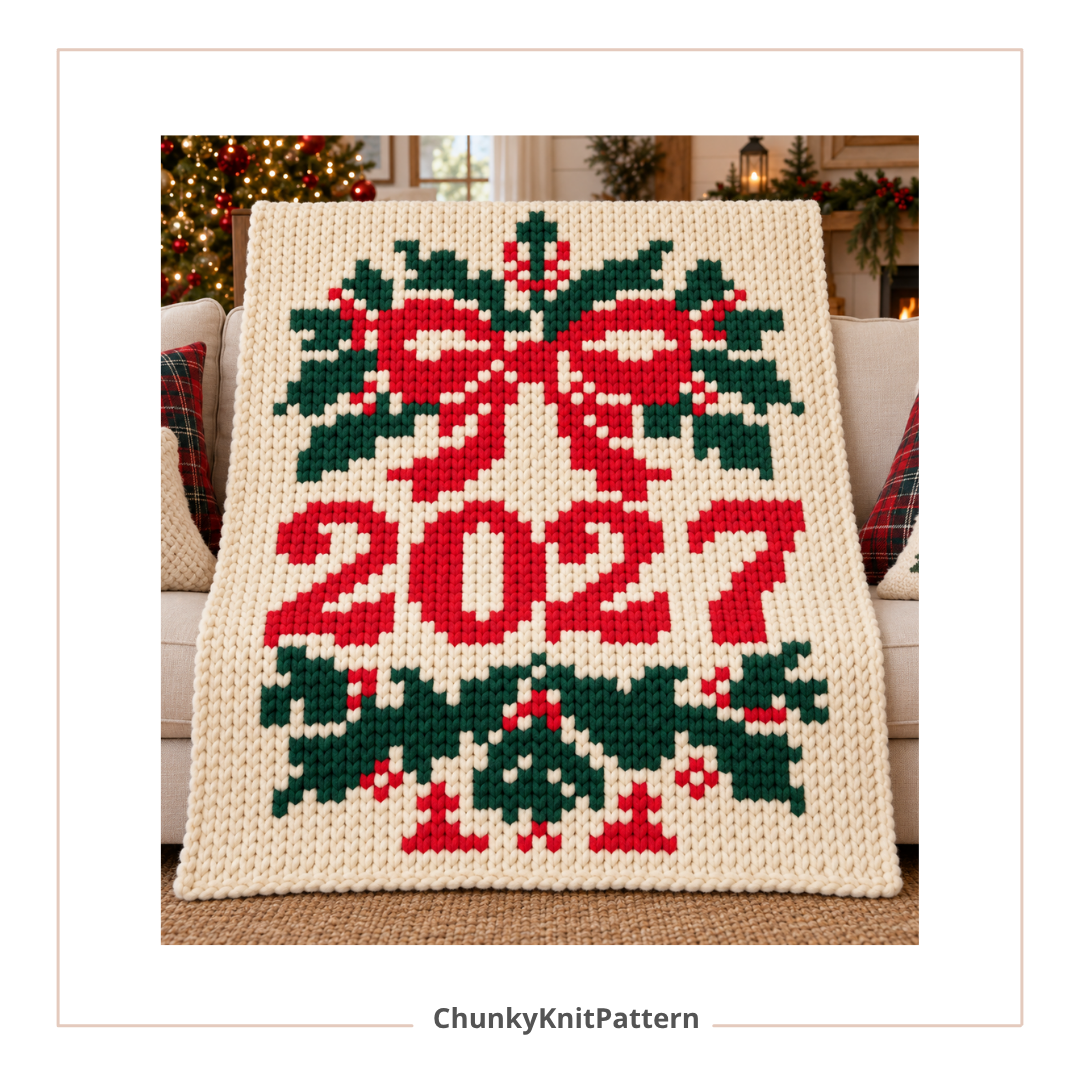 2027 Christmas Red Bow Chunky Knit Blanket Pattern. Finger Knitting DIY Tutorial (PDF)