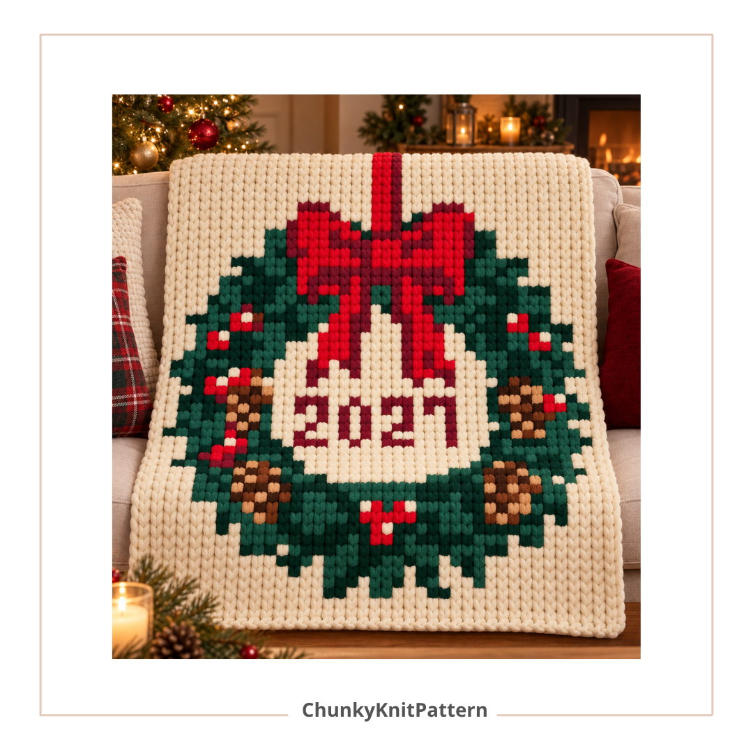2027 Christmas Wreath Chunky Knit Blanket Pattern. Finger Knitting DIY Tutorial (PDF)