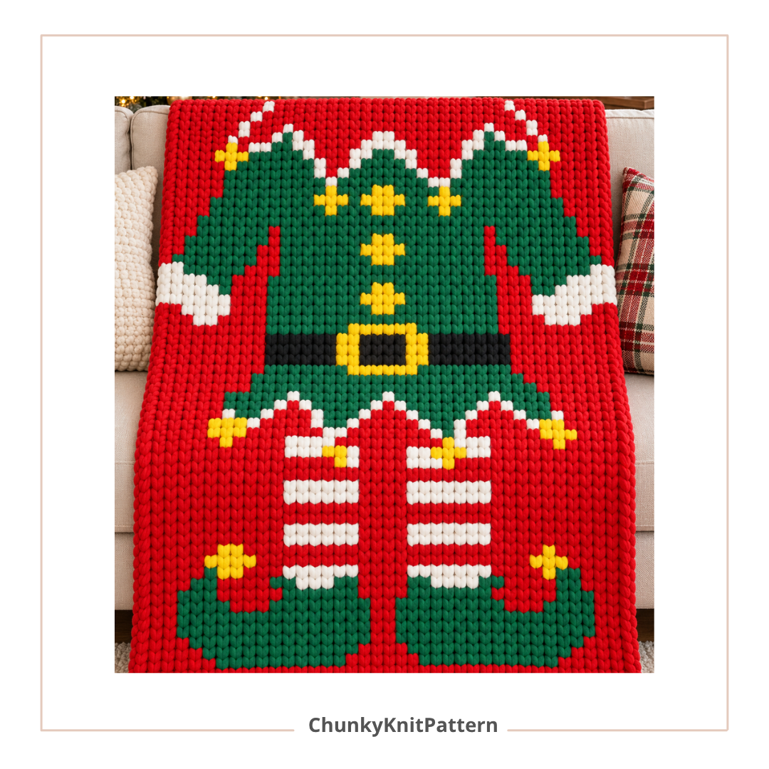 Christmas Elf Chunky Knit Blanket Pattern. Finger Knitting DIY Tutorial (PDF)