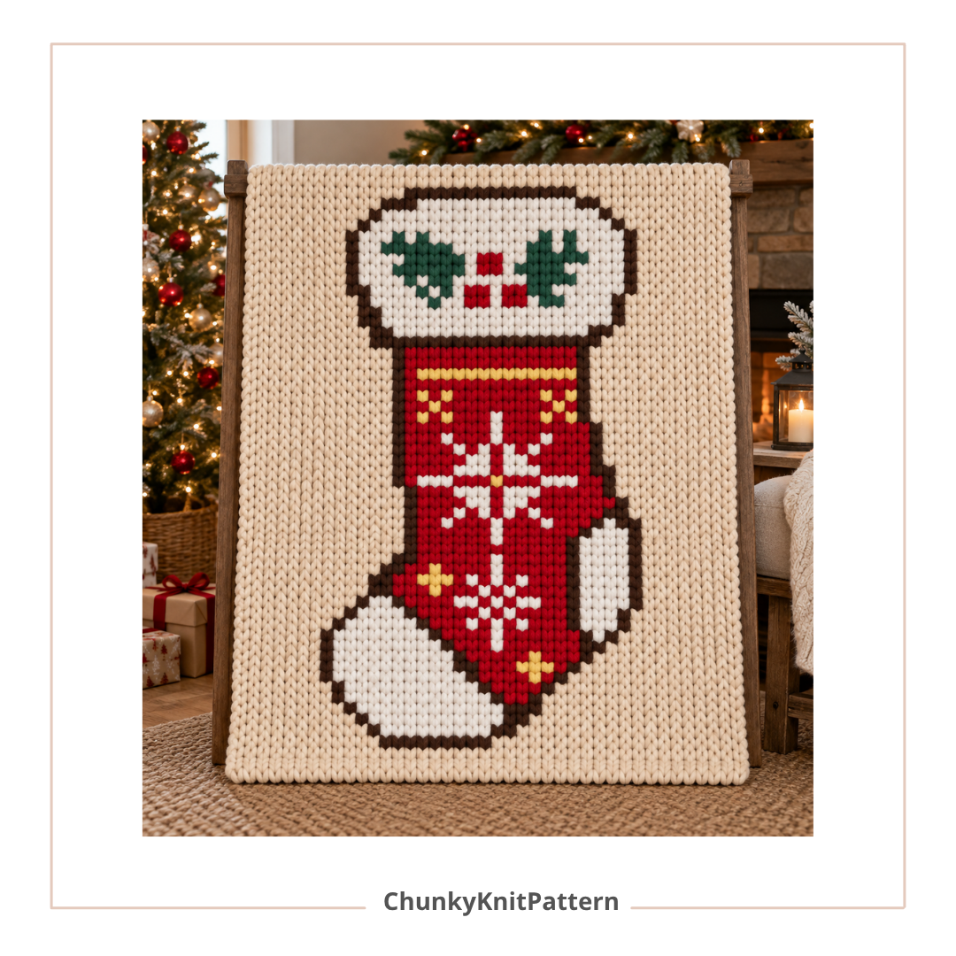Christmas Stocking Chunky Knit Blanket Pattern. Finger Knitting DIY Tutorial (PDF)