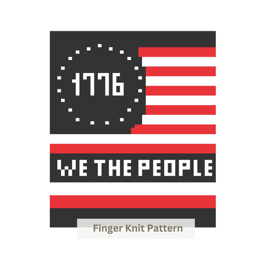 Finger knit pattern with American flag design and '1776 We The People' text on a white background
