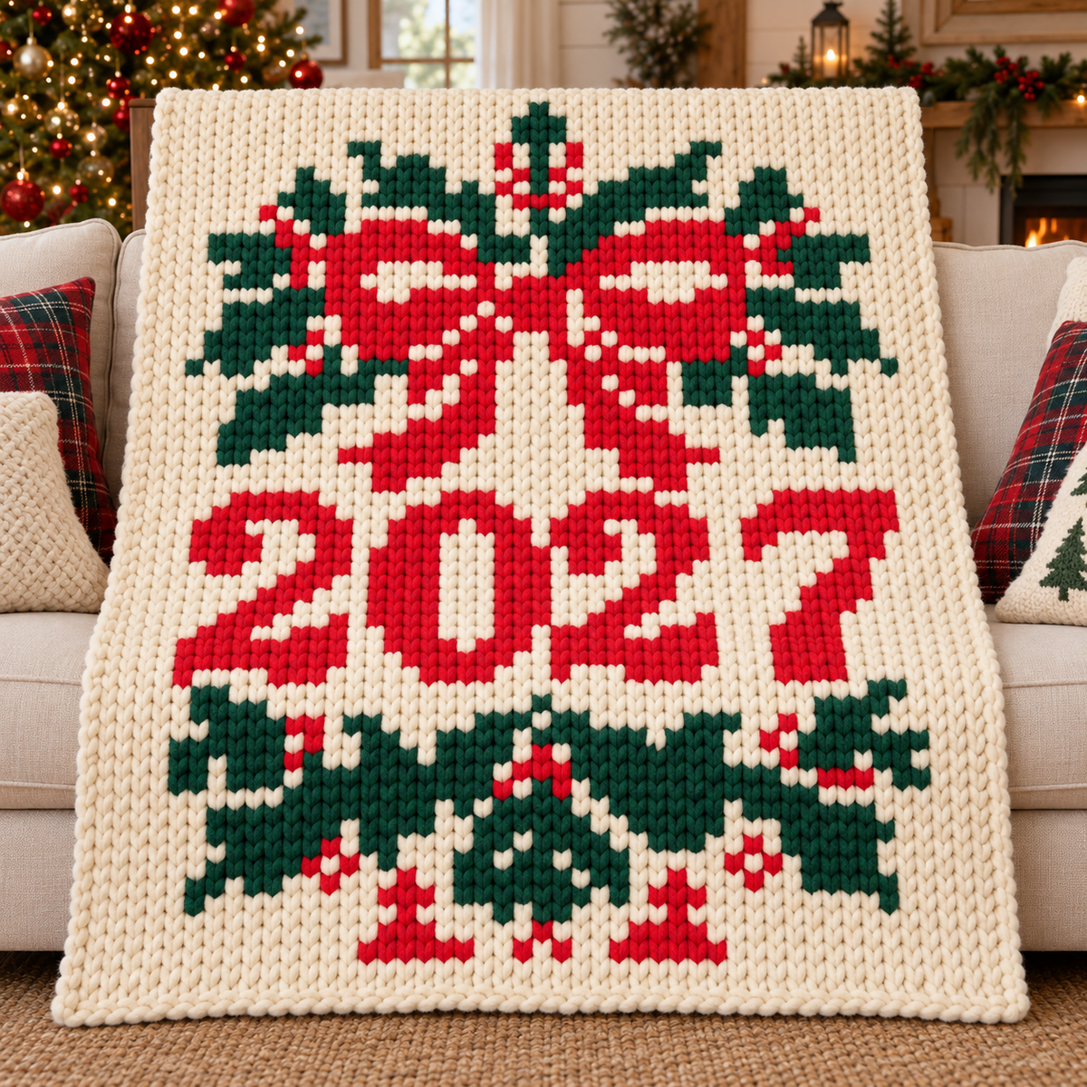 2027 Christmas Red Bow Chunky Knit Blanket Pattern. Finger Knitting DIY Tutorial (PDF)