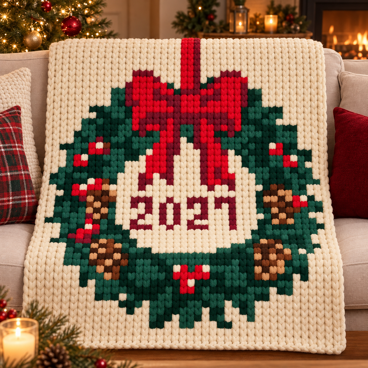 2027 Christmas Wreath Chunky Knit Blanket Pattern. Finger Knitting DIY Tutorial (PDF)