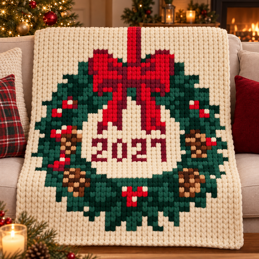 2027 Christmas Wreath Chunky Knit Blanket Pattern. Finger Knitting DIY Tutorial (PDF)