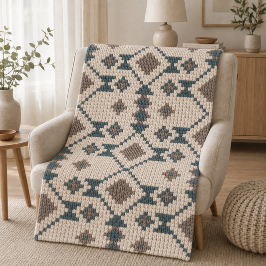 Aztec Geometric Chunky Knit Blanket Pattern Finger Knitting DIY Tutorial (PDF)