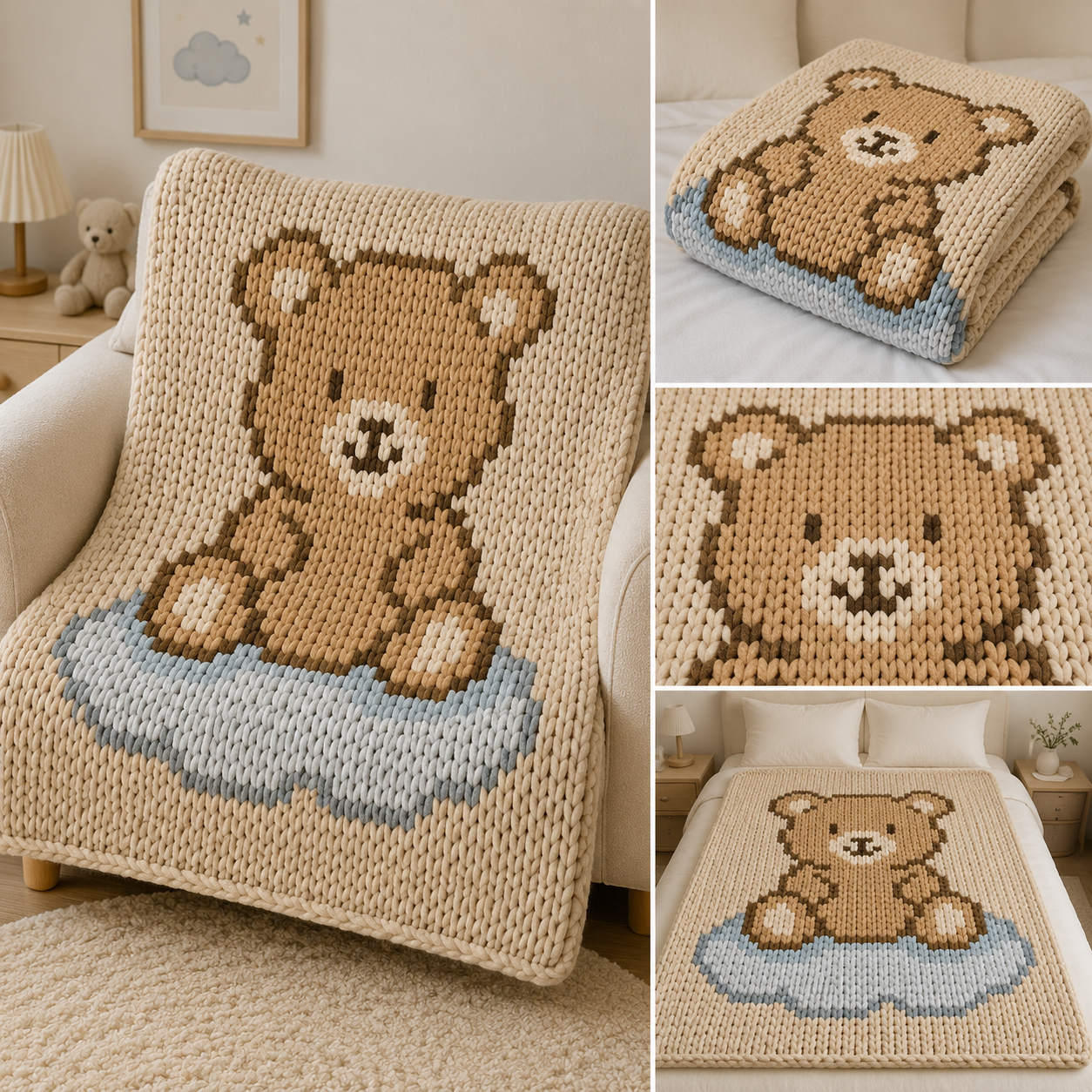Knitted teddy bear blanket pattern with cloud design on a chair and bed, surrounded by bedroom decor.