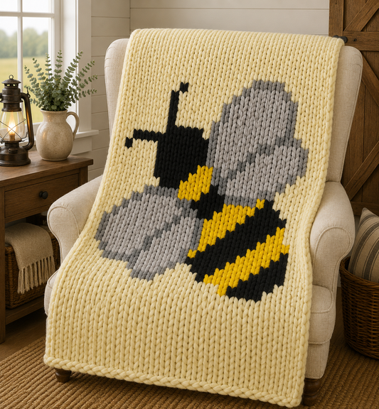 Bee Chunky Knit Blanket Pattern. Finger Knitting DIY Tutorial (PDF)