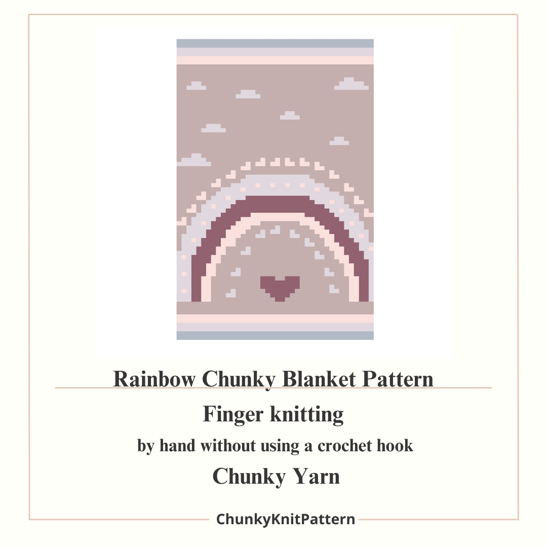 Pattern for a rainbow design on a blanket with text about finger knitting and chunky yarn.