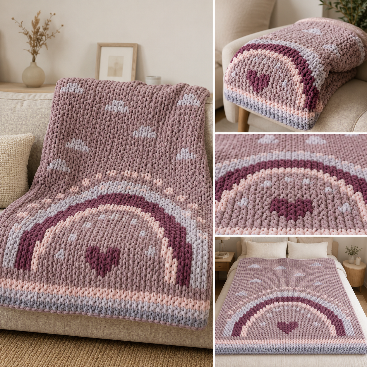 Knitted blanket pattern with rainbow and heart pattern on a couch