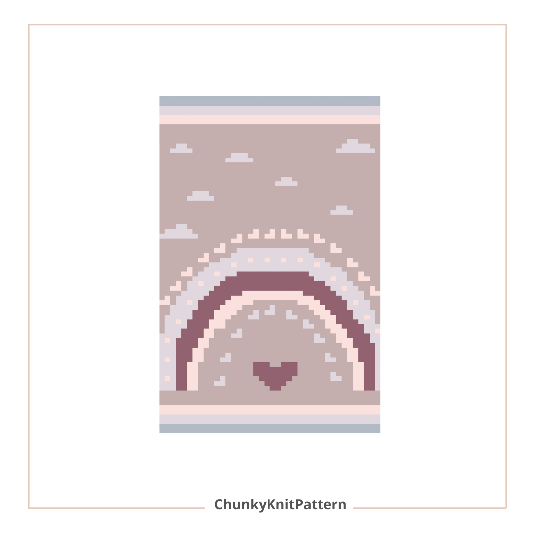 Knitted blanket pattern with rainbow and heart design on a plain background