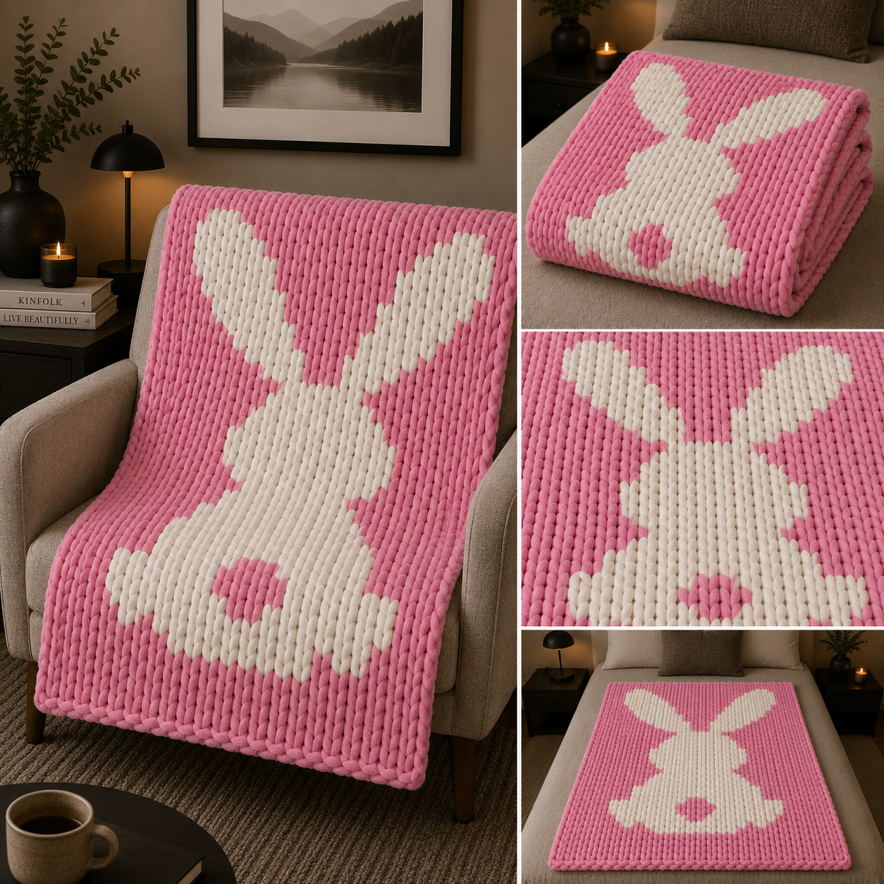 Bunny Chunky Knit Blanket Pattern. Finger Knitting DIY Tutorial (PDF)