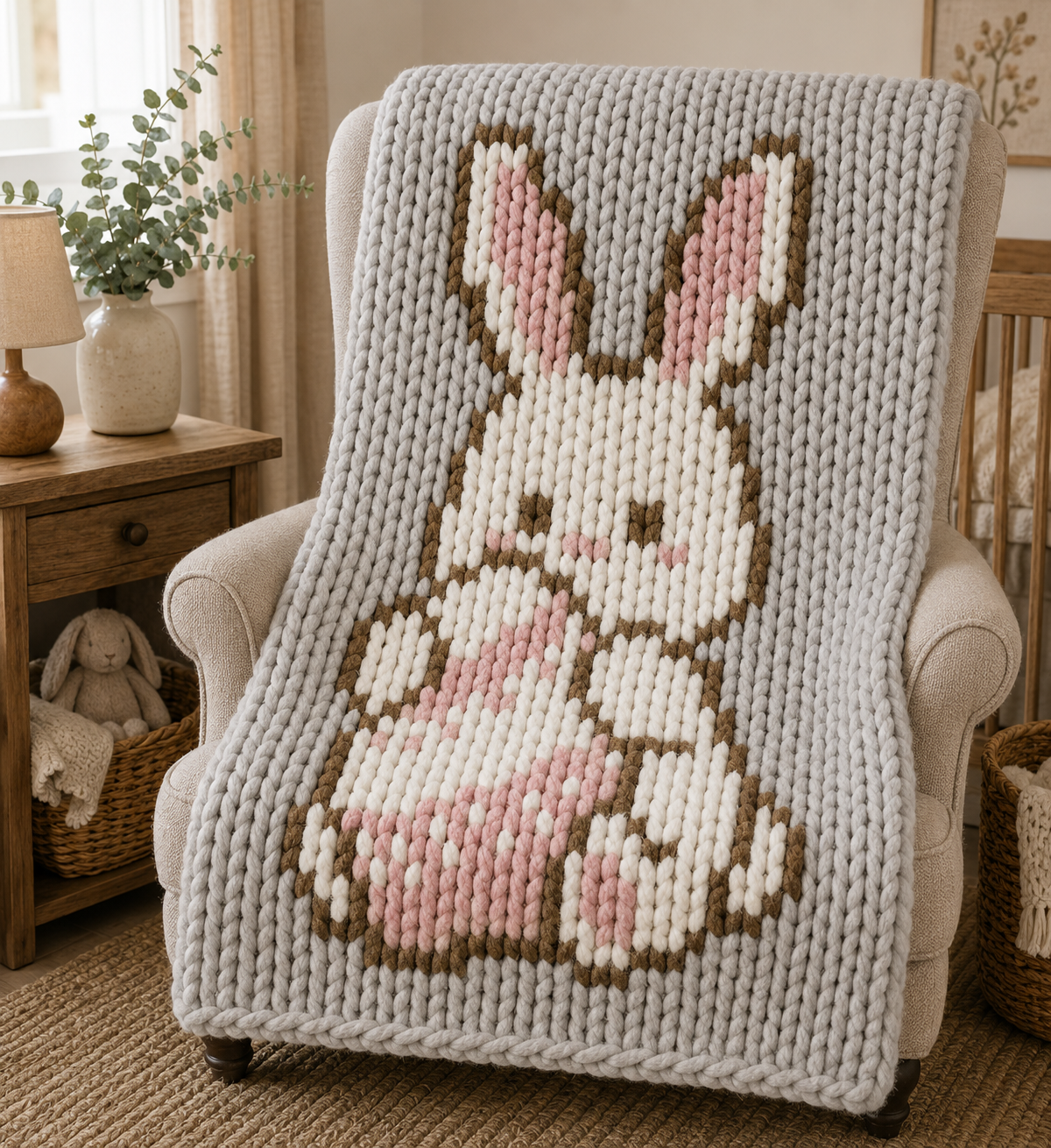 Bunny Chunky Knit Blanket Pattern PDF – Cute Easter Rabbit Design for Thick Chenille Yarn