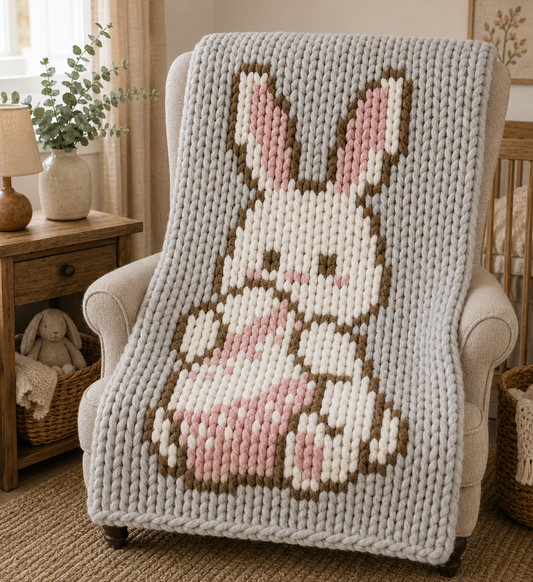 Bunny Chunky Knit Blanket Pattern PDF – Cute Easter Rabbit Design for Thick Chenille Yarn
