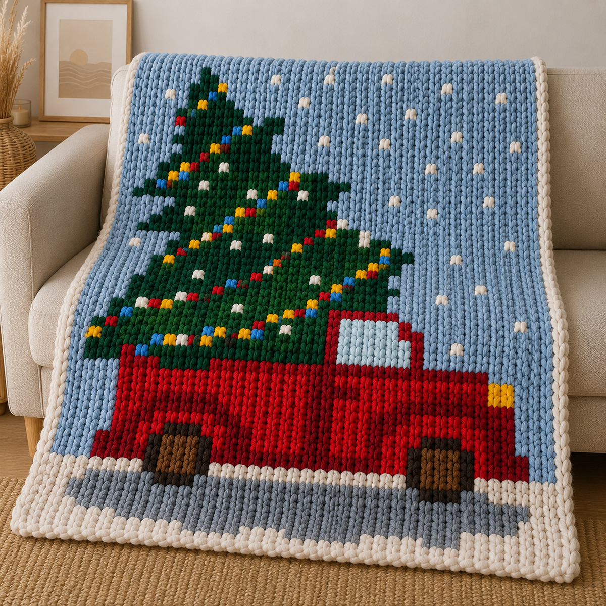 Knitted blanket pattern with a red truck and Christmas tree design on a couch.