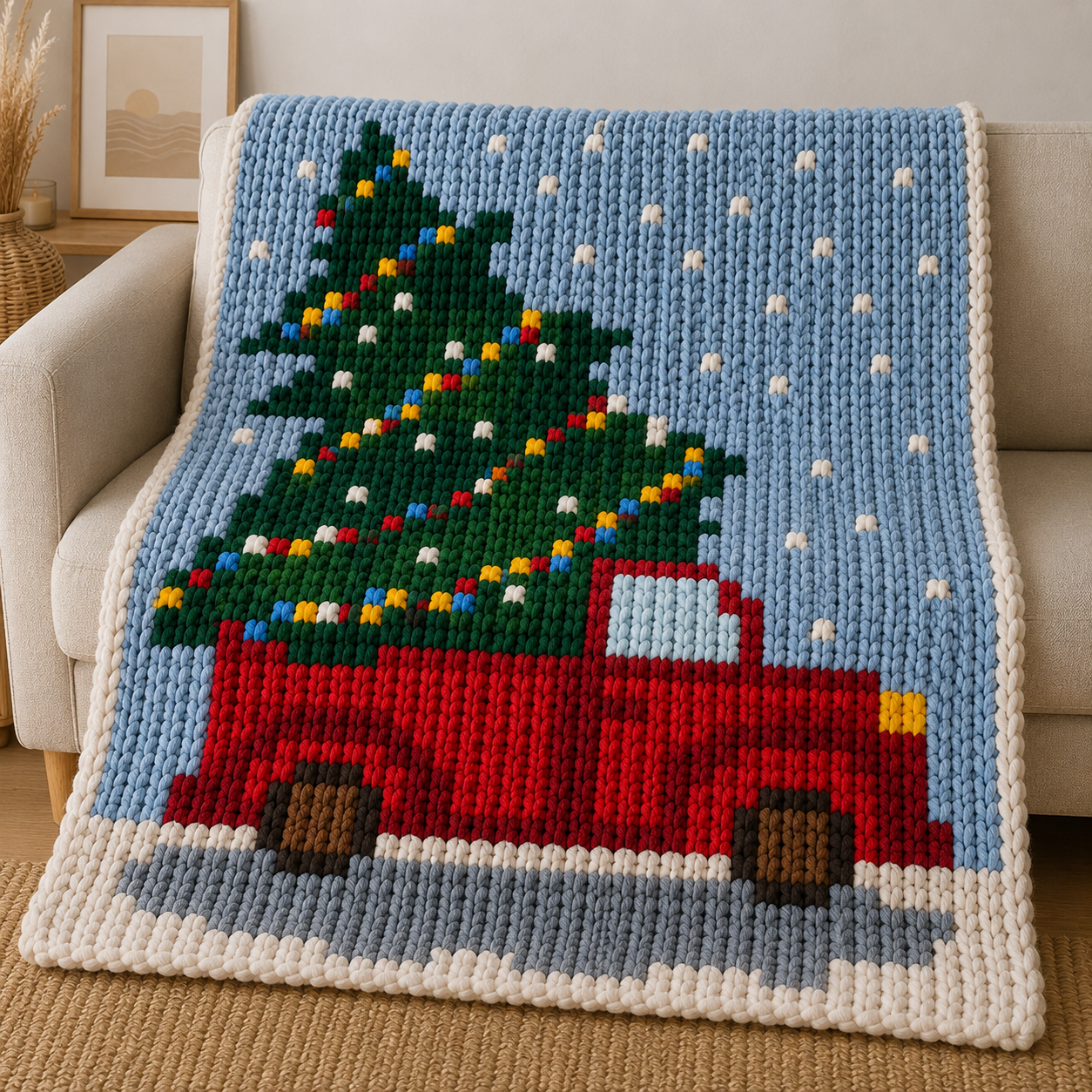Knitted blanket pattern with a red truck and Christmas tree design on a couch.