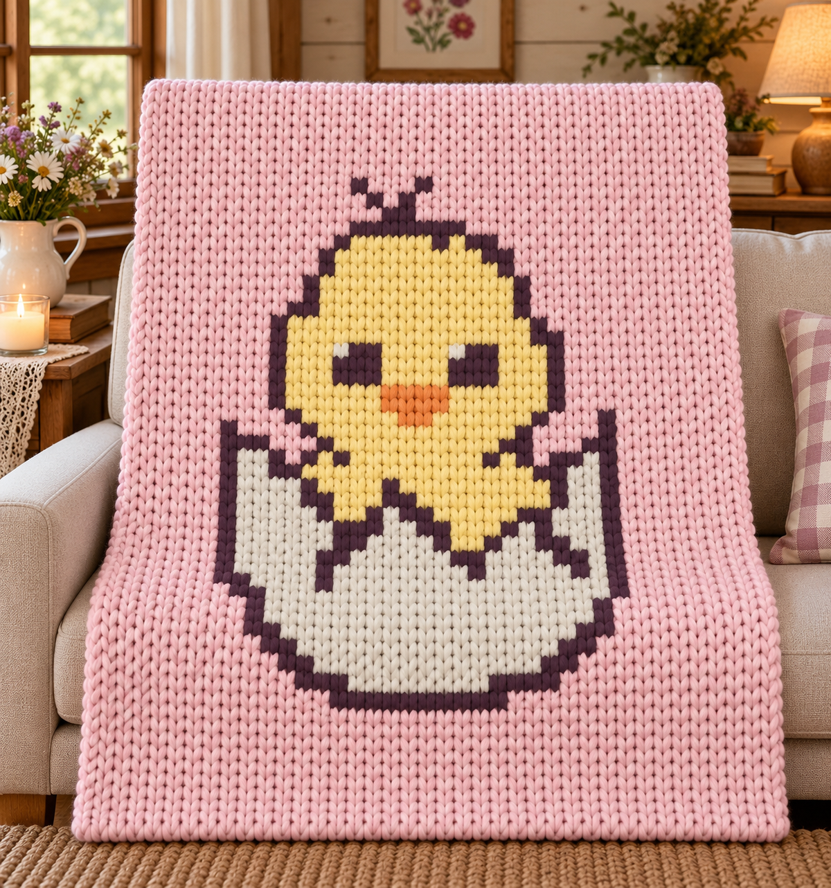 Baby Chick Chunky Knit Blanket Pattern PDF – Cute Easter Hatching Chick Design for Thick Chenille Yarn