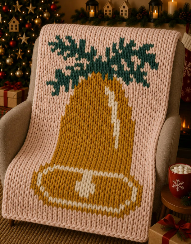 Christmas Bell Chunky Knit Blanket Pattern – Finger Knitting Graph Design, Chunky Yarn Holiday Blanket Chart PDF