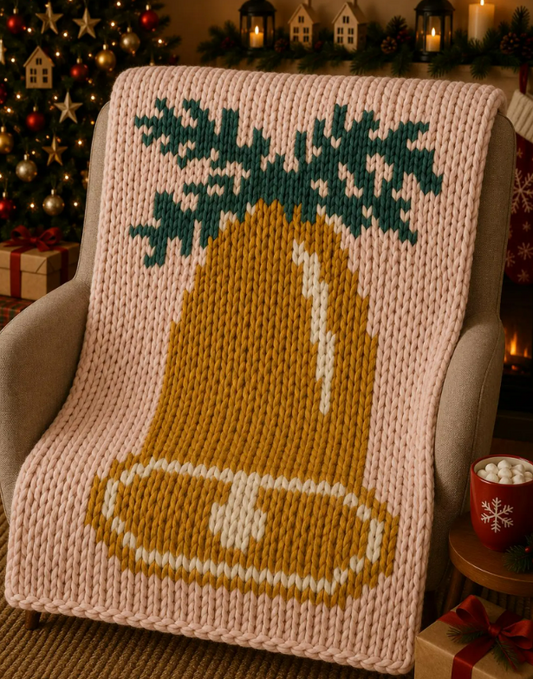Christmas Bell Chunky Knit Blanket Pattern – Finger Knitting Graph Design, Chunky Yarn Holiday Blanket Chart PDF