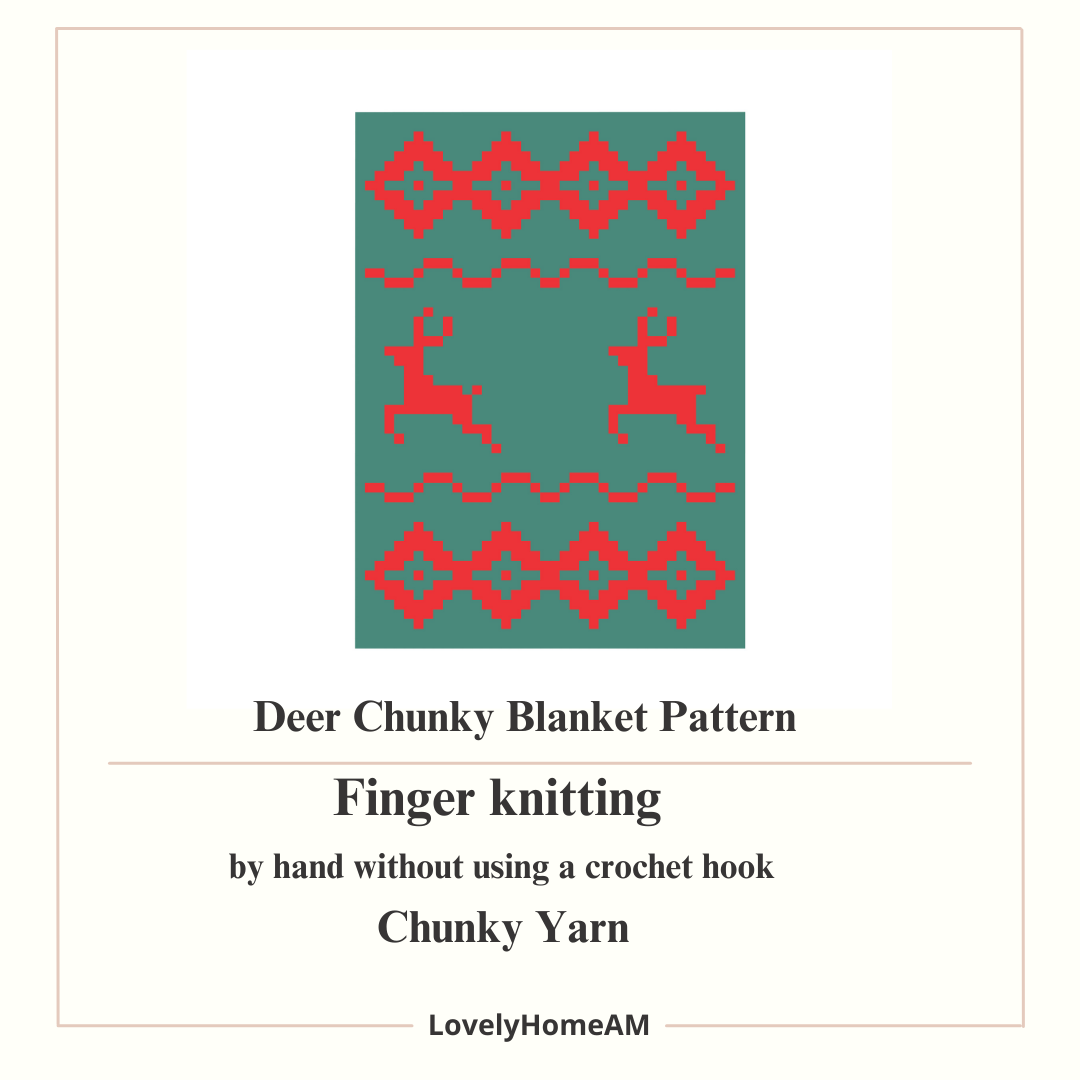 Christmas Deer Chunky Knit Blanket Pattern. Finger Knitting DIY Tutorial (PDF)