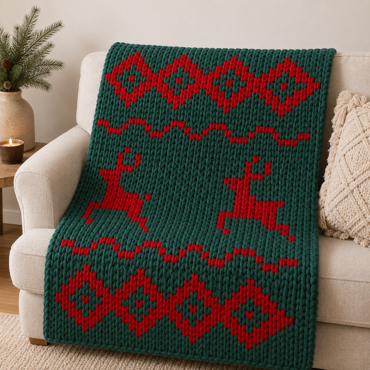 Christmas Deer Chunky Knit Blanket Pattern. Finger Knitting DIY Tutorial (PDF)