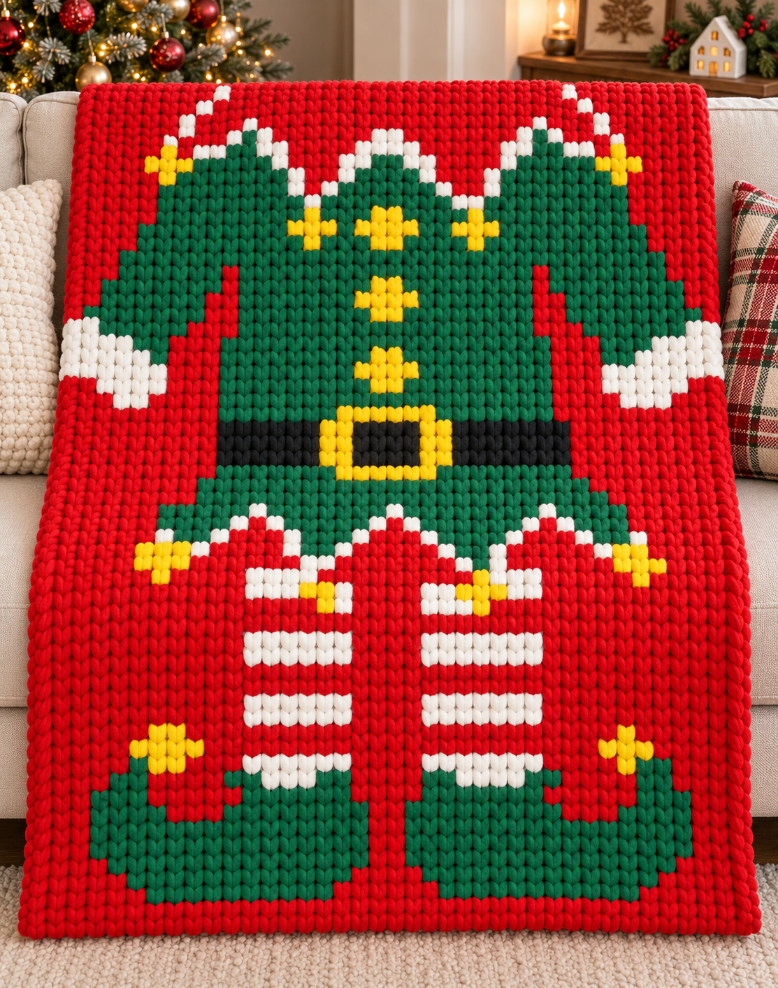 Christmas Elf Chunky Knit Blanket Pattern. Finger Knitting DIY Tutorial (PDF)