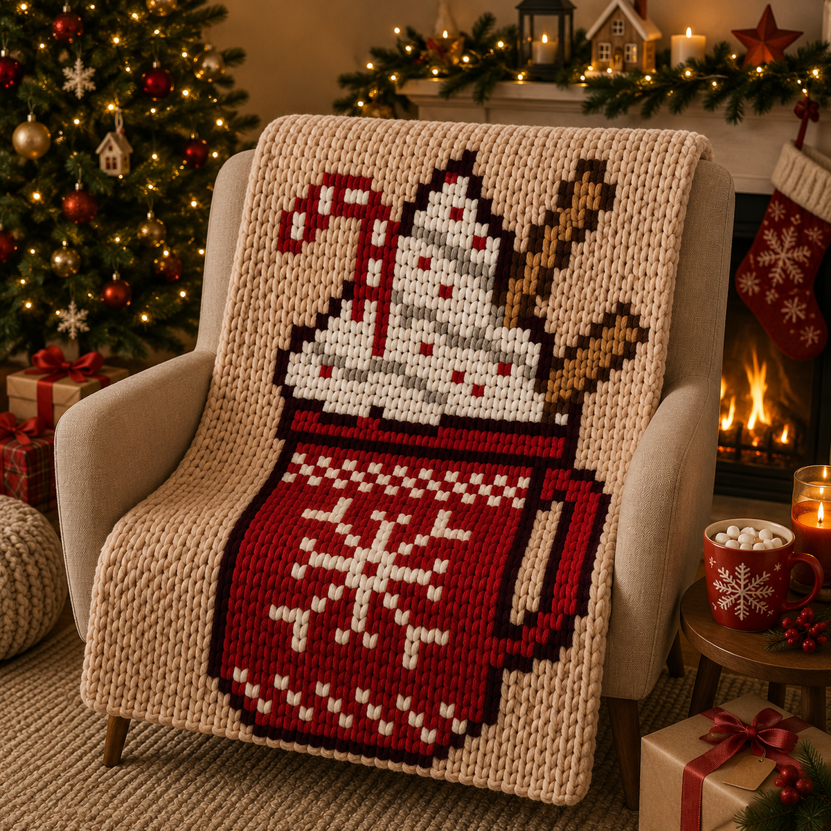 Christmas Mug Chunky Knit Blanket Pattern. Finger Knitting DIY Tutorial (PDF)