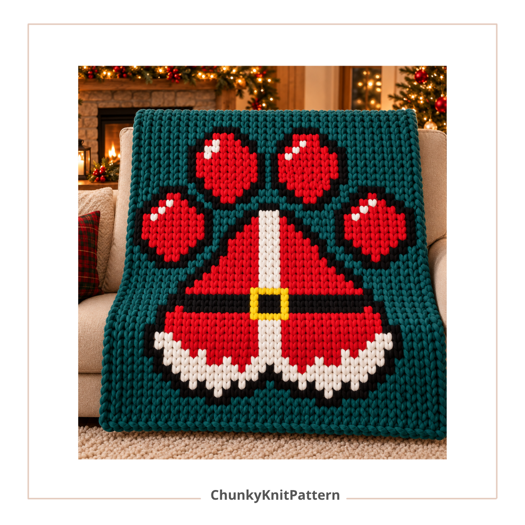 Christmas Paw Print Chunky Knit Blanket Pattern. Finger Knitting DIY Tutorial (PDF)