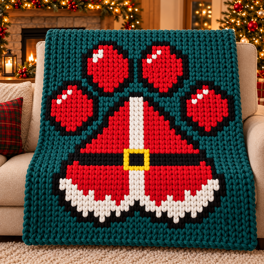 Christmas Paw Print Chunky Knit Blanket Pattern. Finger Knitting DIY Tutorial (PDF)