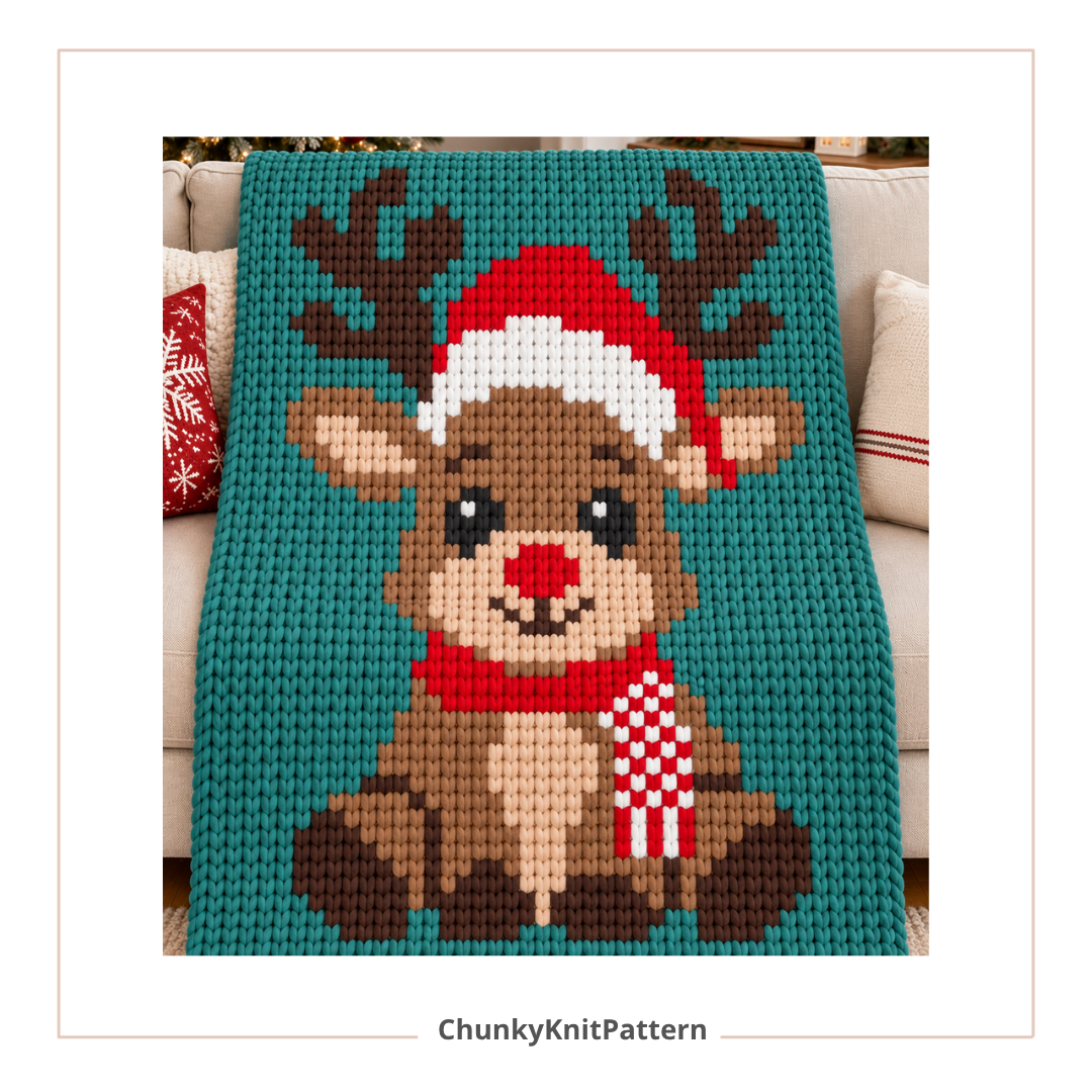 Christmas Reindeer Chunky Knit Blanket Pattern. Finger Knitting DIY Tutorial (PDF)
