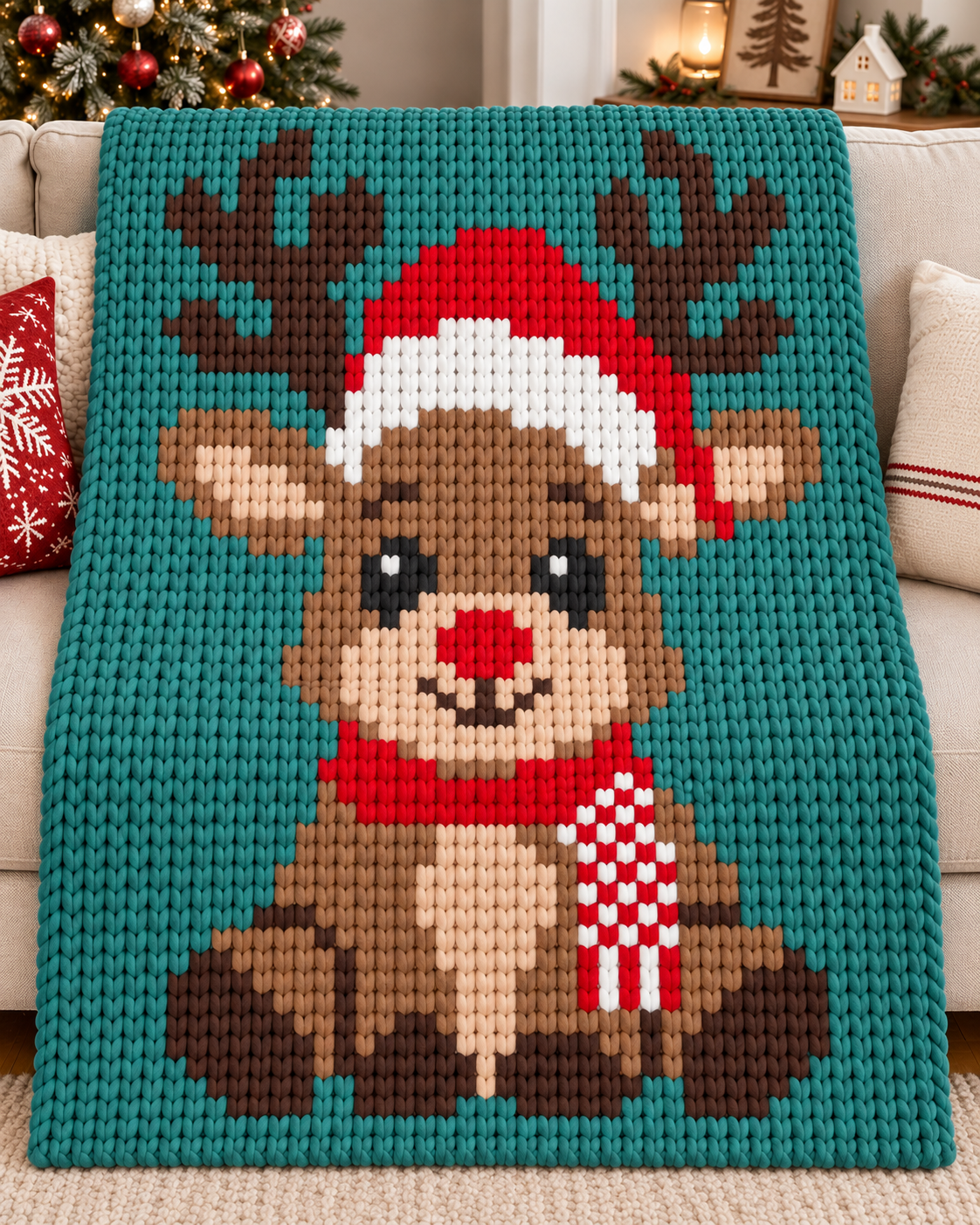 Christmas Reindeer Chunky Knit Blanket Pattern. Finger Knitting DIY Tutorial (PDF)