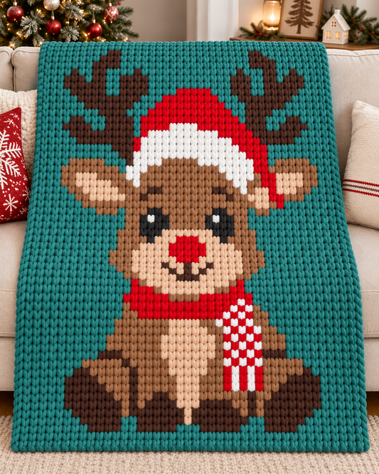 Christmas Reindeer Chunky Knit Blanket Pattern. Finger Knitting DIY Tutorial (PDF)
