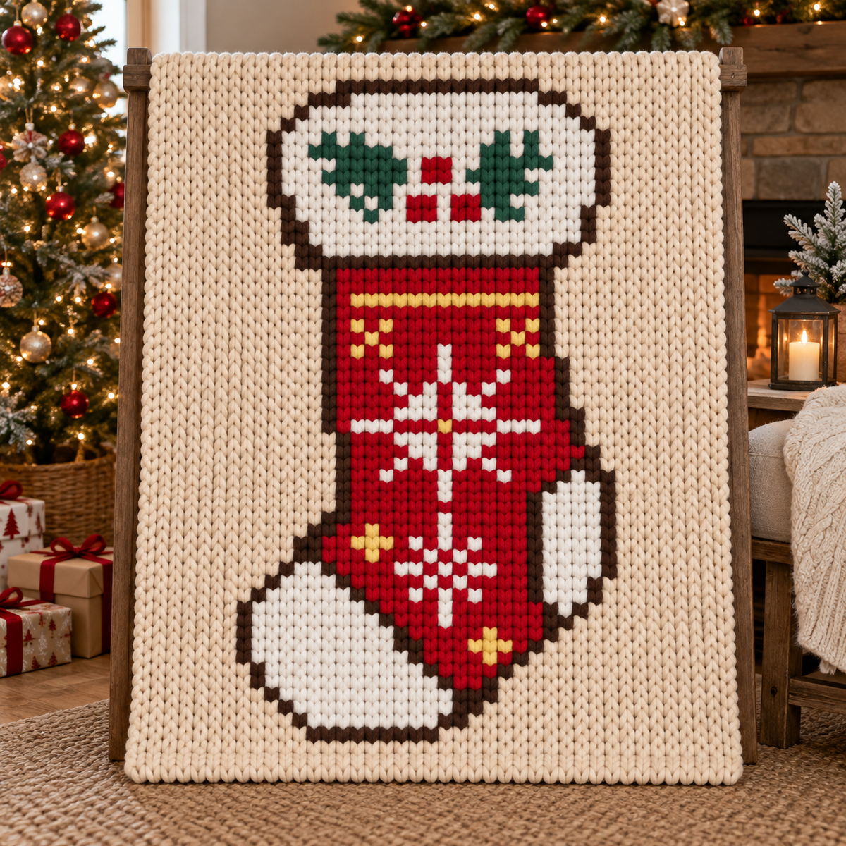 Christmas Stocking Chunky Knit Blanket Pattern. Finger Knitting DIY Tutorial (PDF)