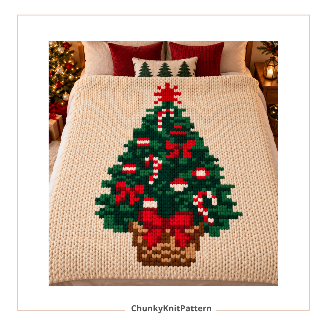 Christmas Tree Basket Chunky Knit Blanket Pattern. Finger Knitting DIY Tutorial (PDF)