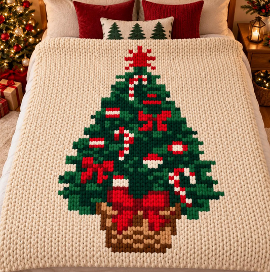 Christmas Tree Basket Chunky Knit Blanket Pattern. Finger Knitting DIY Tutorial (PDF)