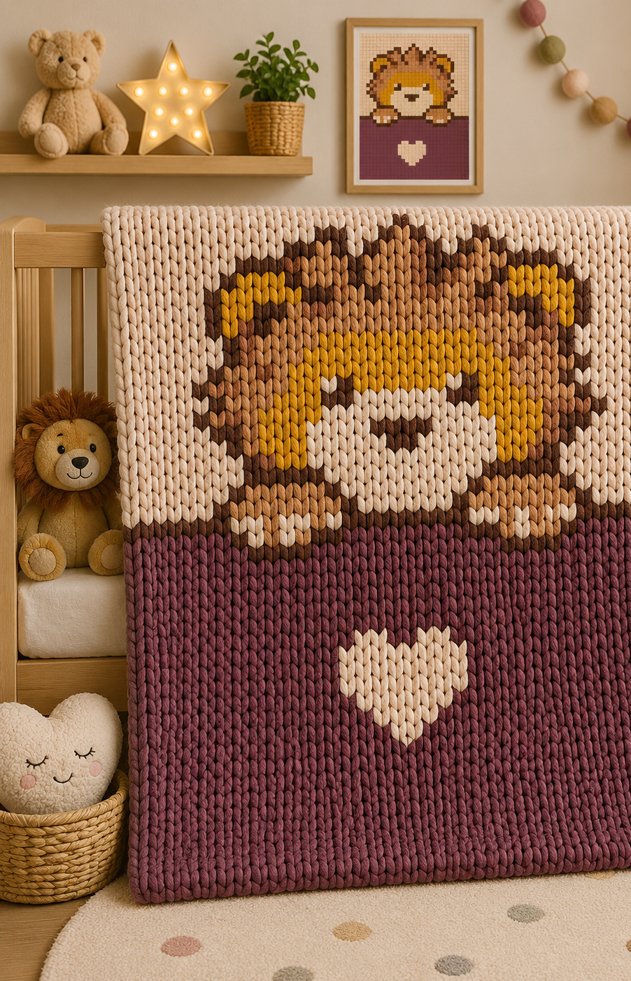 Cute Lion Chunky Knit Blanket Pattern – Baby Lion Graph Pattern for Chunky Yarn – Finger Knitting Blanket Pattern