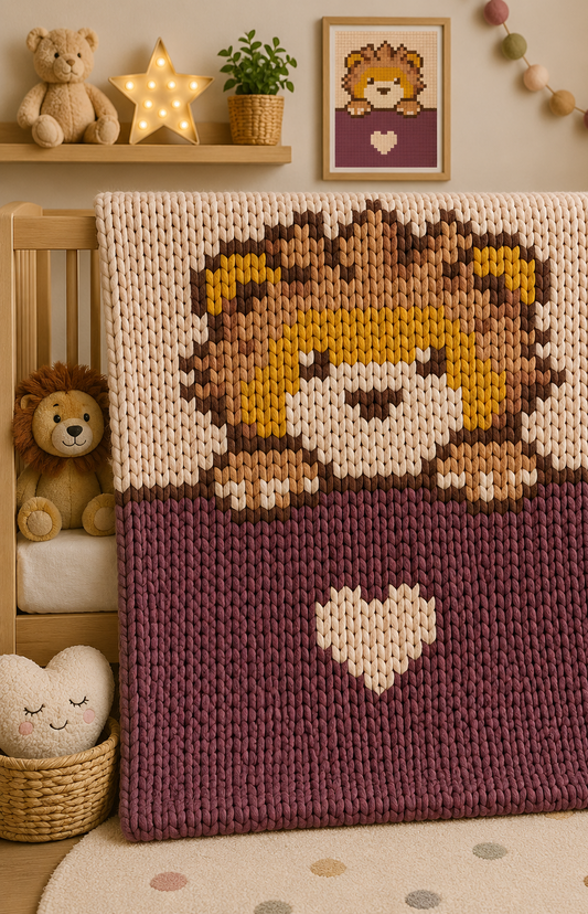 Cute Lion Chunky Knit Blanket Pattern – Baby Lion Graph Pattern for Chunky Yarn – Finger Knitting Blanket Pattern