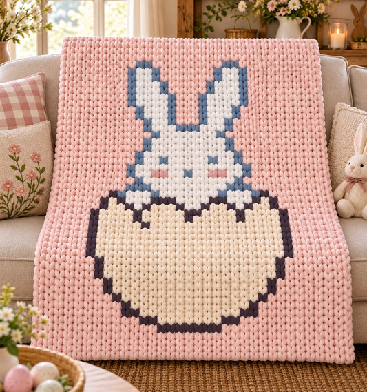 Easter Bunny Chunky Knit Blanket Pattern PDF – Cute Bunny in Egg Design for Thick Chenille Yarn