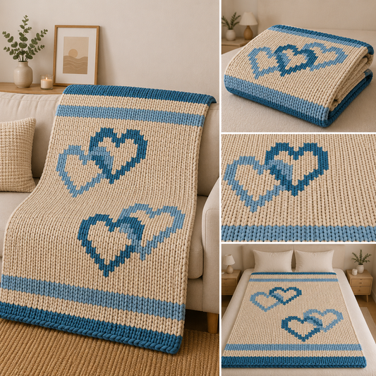 Hearts Valentine Chunky Knit Blanket Pattern. Finger Knitting DIY Tutorial (PDF)