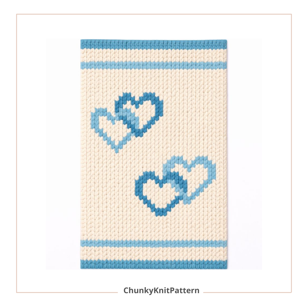 Knitted chunky blanket pattern with blue hearts on a white background