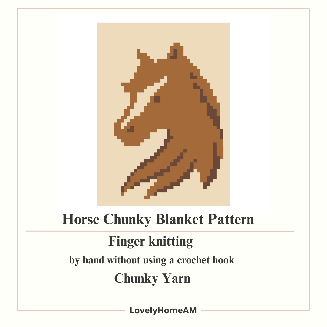 Horse pattern for a chunky blanket with text about finger knitting and yarn type.