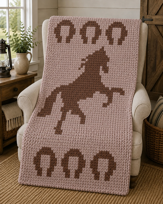 Horse Chunky Knit Blanket Pattern – Western Horse Graph Pattern for Chunky Yarn – Finger Knitting Blanket Pattern