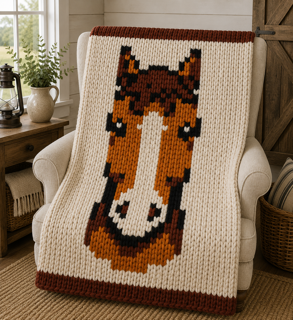 Horse chunky knit blanket pattern for finger knitting, digital PDF tutorial with a horse design for a chunky chenille yarn blanket.