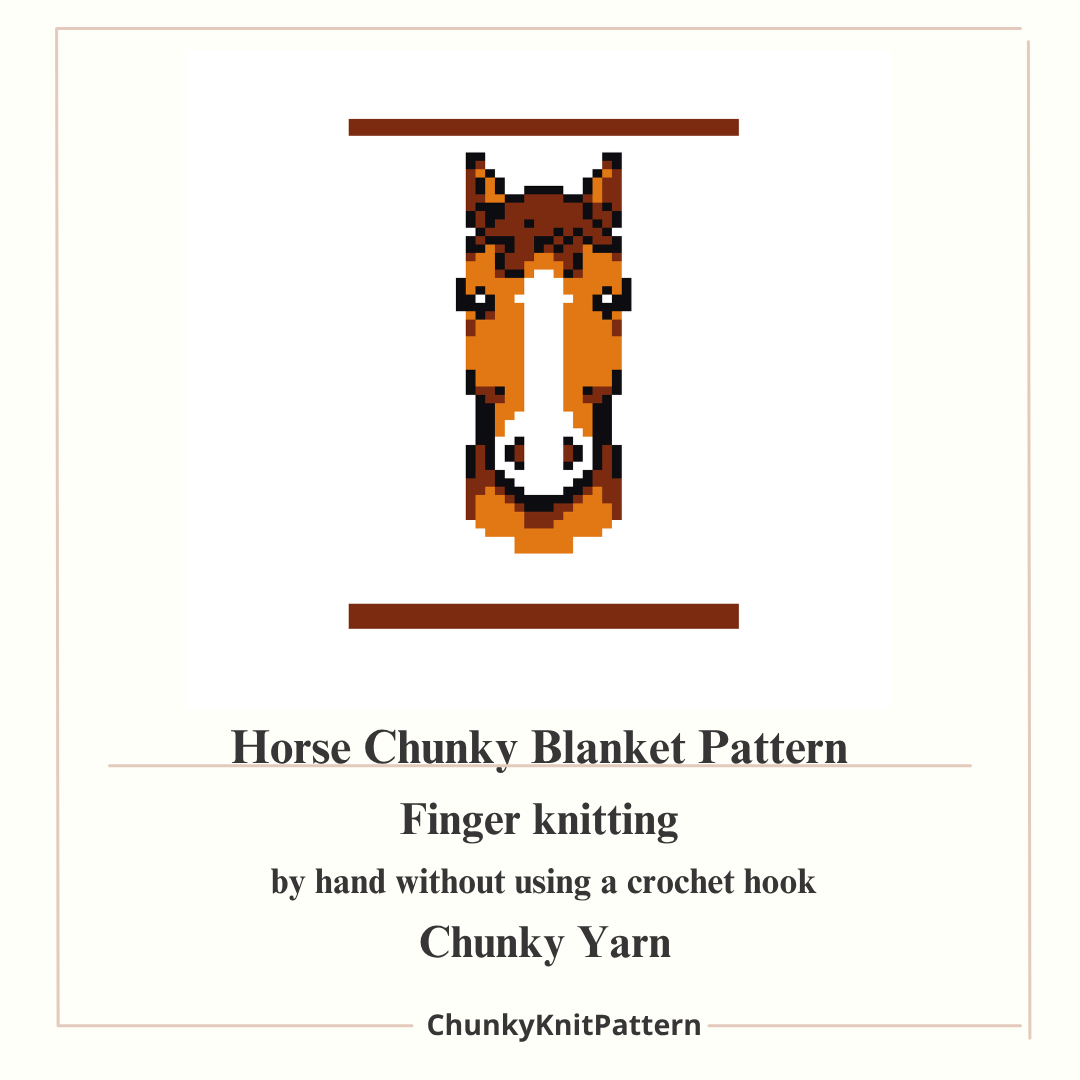 Horse chunky knit blanket pattern for finger knitting, digital PDF tutorial with a horse design for a chunky chenille yarn blanket.