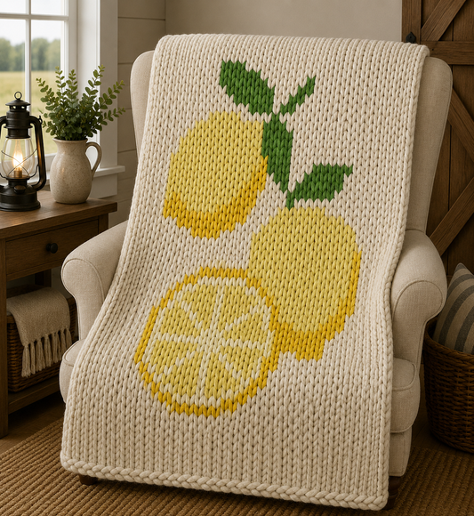 Lemon Chunky Knit Blanket Pattern PDF – Citrus Fruit Design for Thick Chenille Yarn