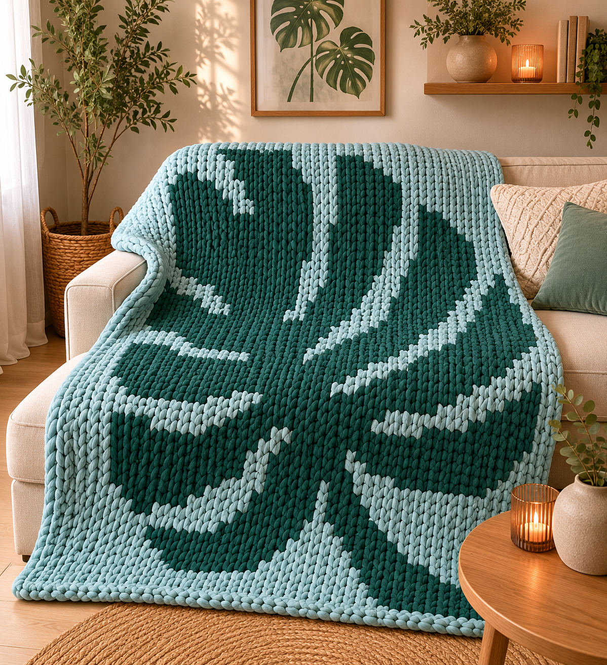 Monstera Leaf Chunky Knit Blanket Pattern – Tropical Plant Graph Pattern for Chunky Yarn – Finger Knitting Blanket Pattern