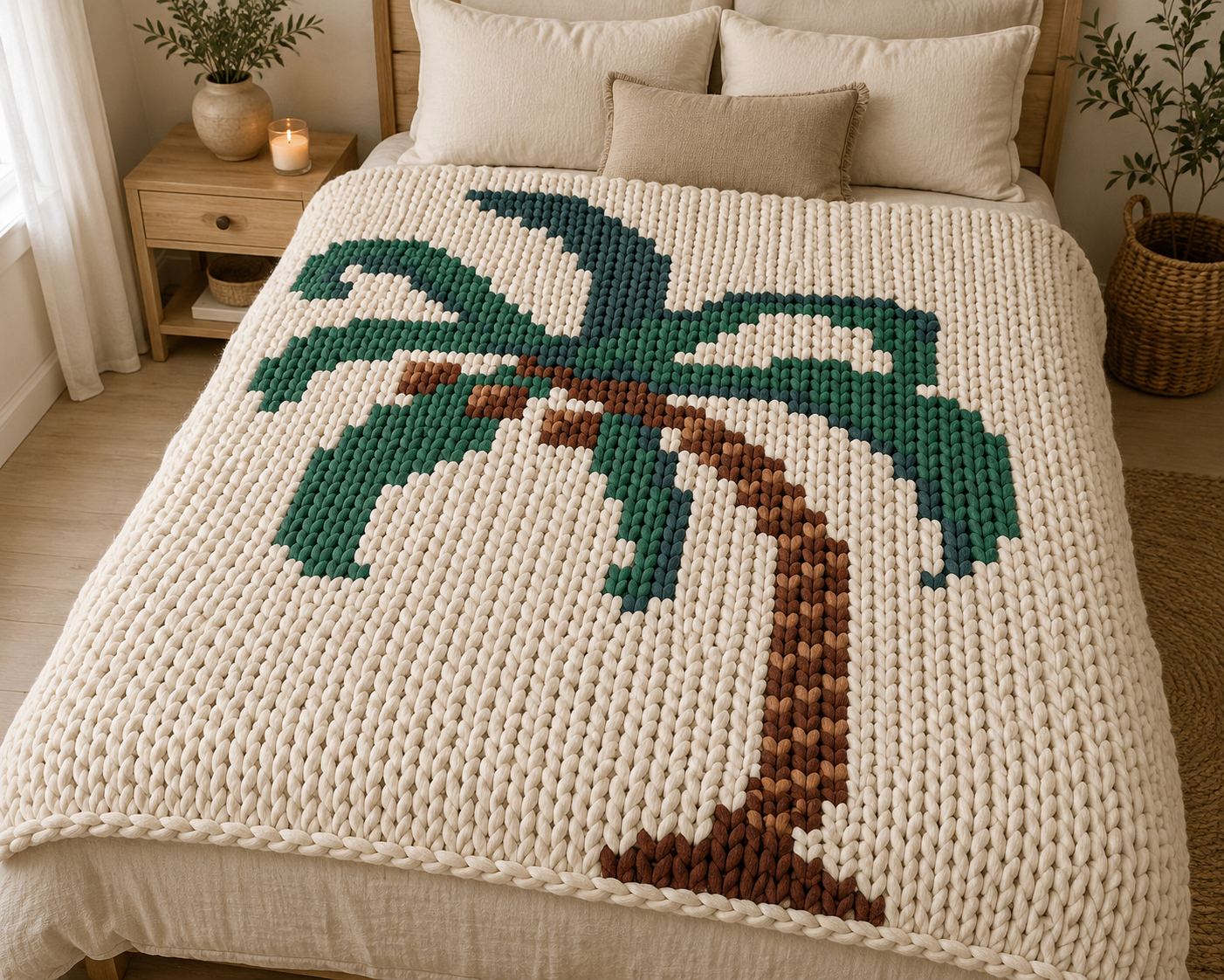 Palm Tree Chunky Knit Blanket Pattern – Tropical Palm Graph Pattern for Chunky Yarn – Finger Knitting Blanket Pattern
