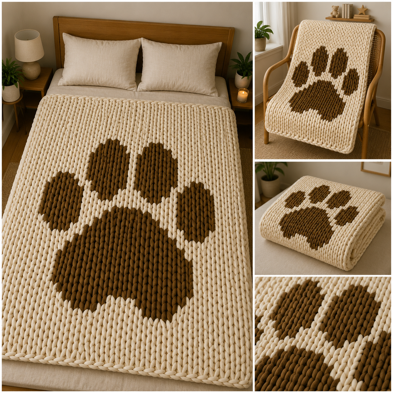 Paw Chunky Knit Blanket Pattern. Finger Knitting DIY Tutorial (PDF)