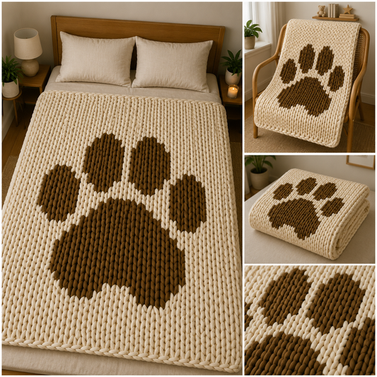 Paw Chunky Knit Blanket Pattern. Finger Knitting DIY Tutorial (PDF)