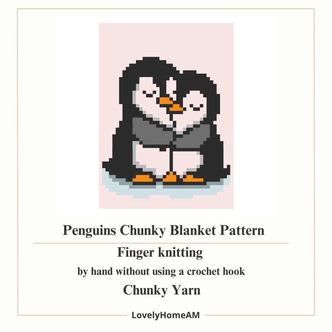 Penguins Valentine Chunky Knit Blanket Pattern. Finger Knitting DIY Tutorial (PDF)