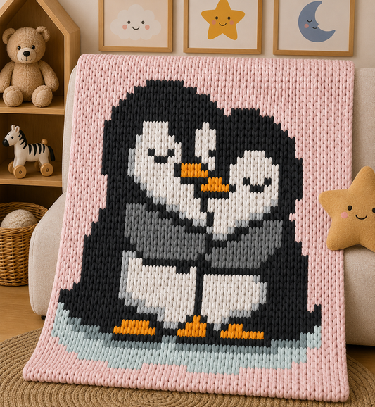 Penguins Valentine Chunky Knit Blanket Pattern. Finger Knitting DIY Tutorial (PDF)